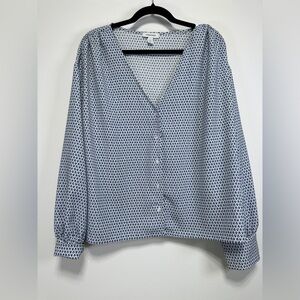 Nordstrom | Blue Geometric V Neck Work Blouse | Balloon Sleeve | Size L